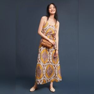 Anthropologie Akemi + Kin Medallion Floral Maxi Boho Yellow Gold Medium Dress